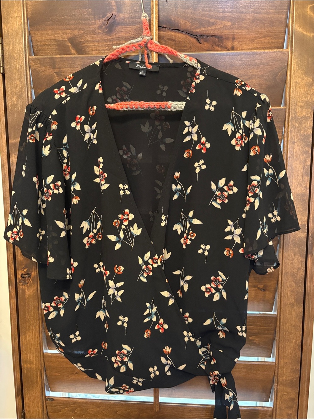 Madewell Black Floral Tie-Waist Wrap Blouse